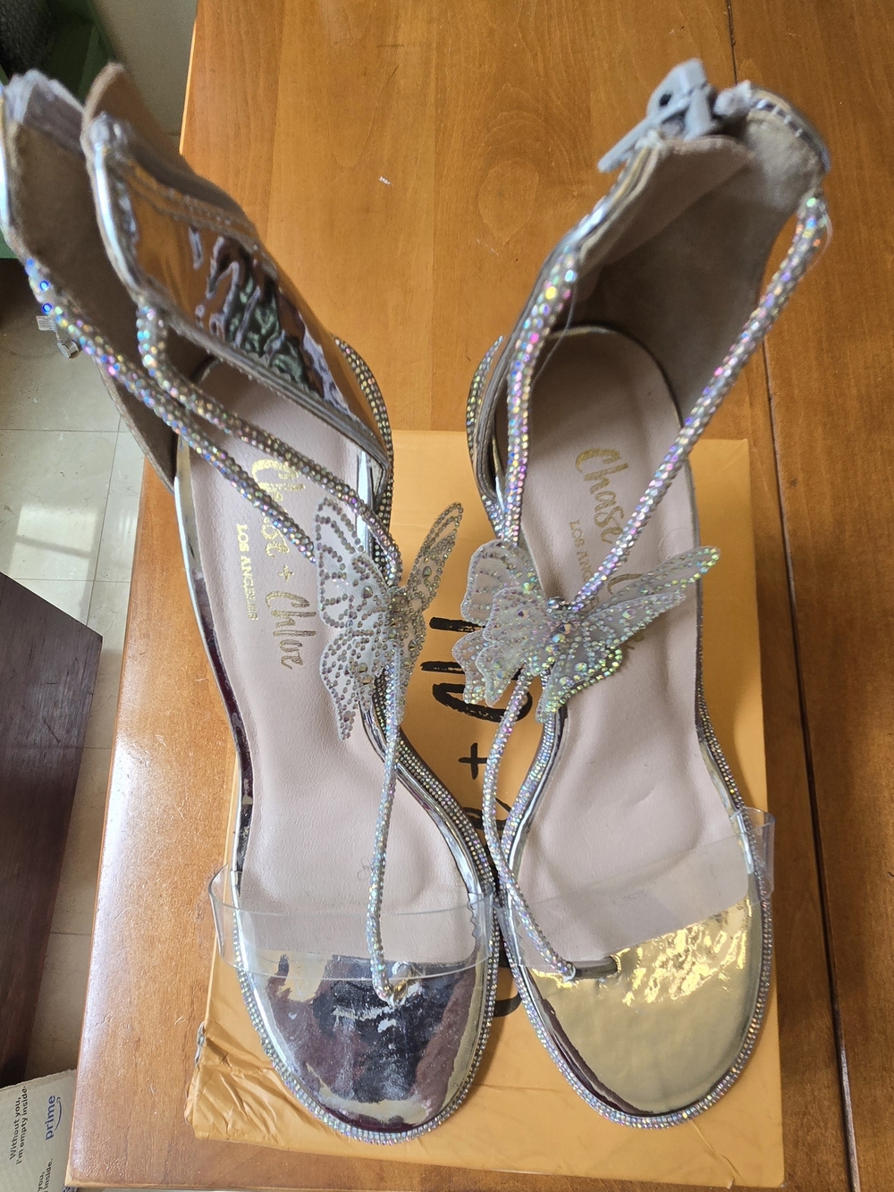 Chase + Chloe Iridescent Silver Butterfly T-Strap Heels